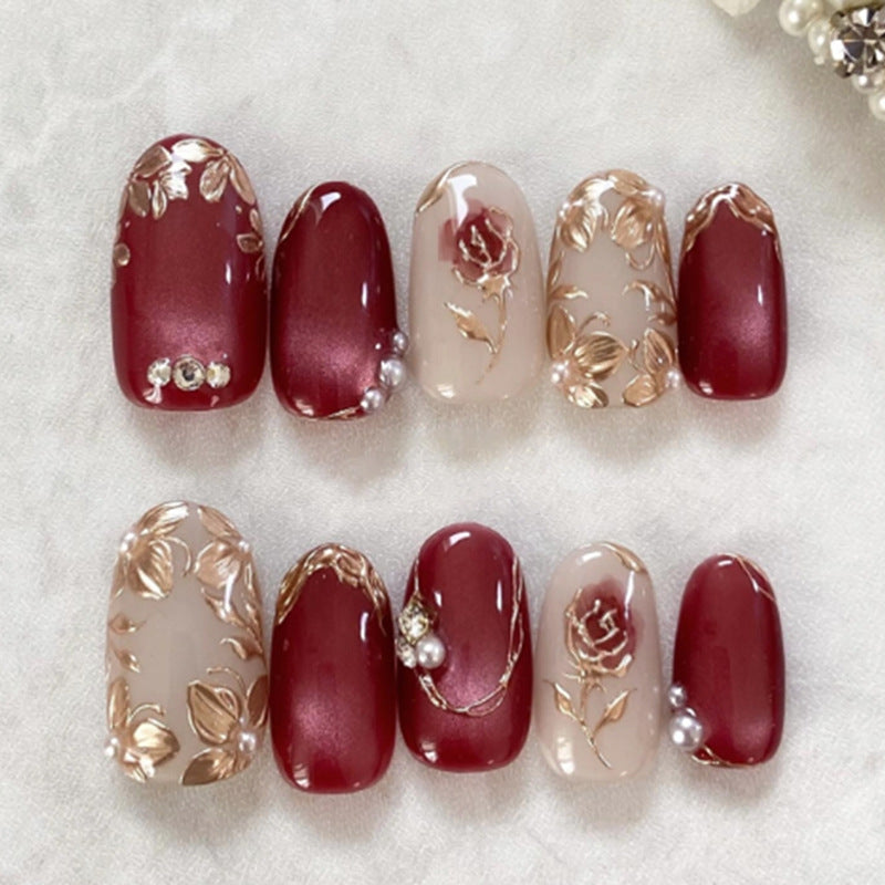 Elegant Rose Gold Charm Medium Oval Burgundy Floral Press On Nail Set