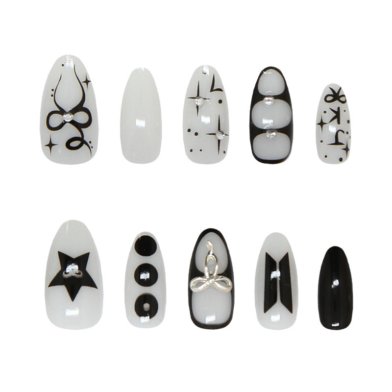 Chic Monochrome Medium Almond Press On Nail Set with Unique Gemstone Accents