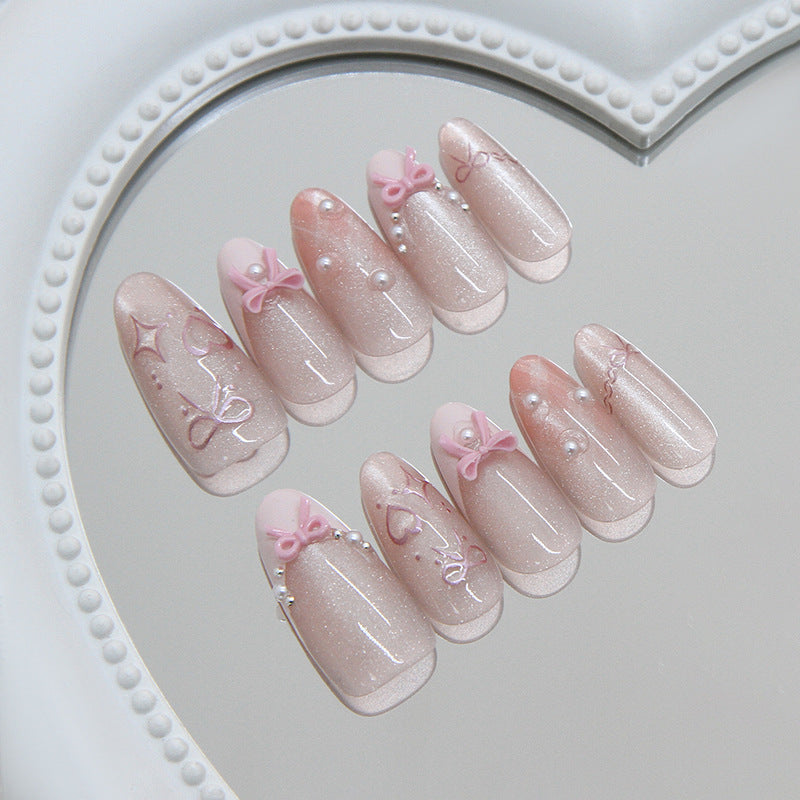 Whimsical Elegance Medium Almond Blush Pink with Dazzling Bow Accents Press-On Nail Set