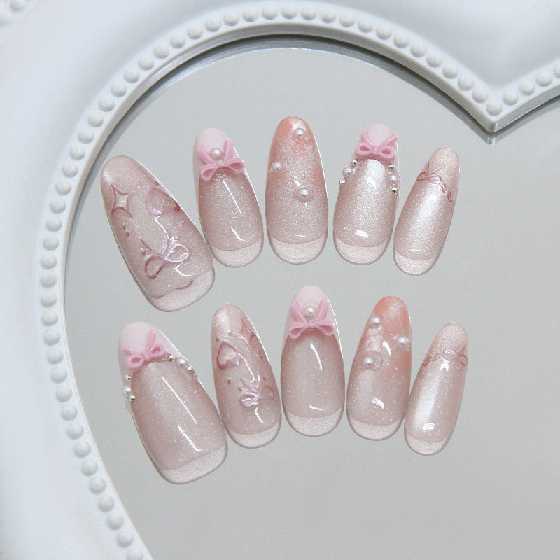 Charming Fairy Tale Long Almond Pink Glitter Press on Nail Set with Bows and Pearls