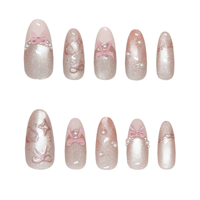 Charming Elegance Medium Almond Pink Sparkling Bow Press On Nail Set