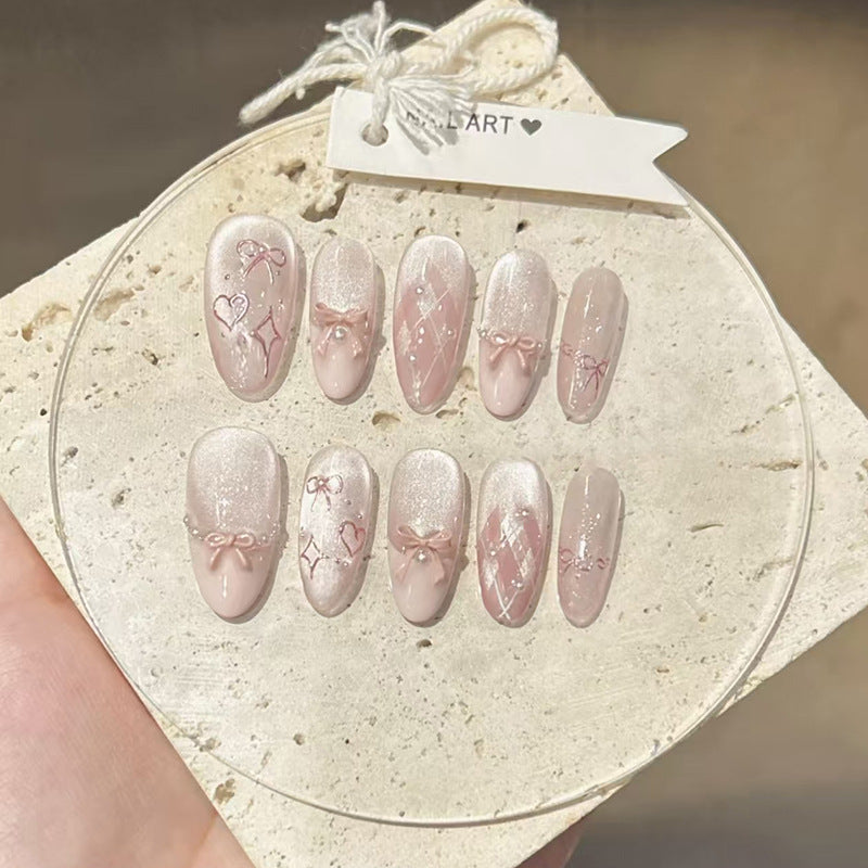 Romantic Blush Medium Almond Pink Glitter Nail Set with Bow Accents