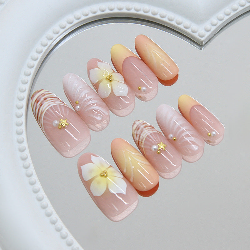 Ocean Breeze Medium Almond Pink Press On Nail Set with Floral Accents