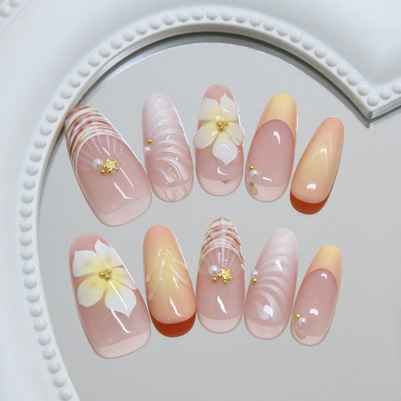 Tropical Paradise Medium Almond Blush Peach Floral Detail Press On Nail Set