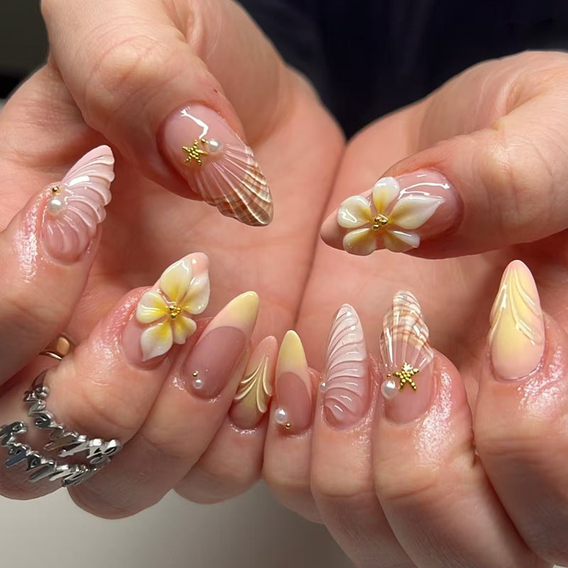 Tropical Blossom Medium Almond Peach with Shell and Floral Detailing Press On Nail Set