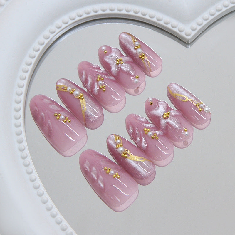 Dreamy Elegance Medium Almond Pink Press On Nail Set with Pearls and Gold Accents