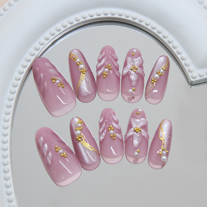 Elegant Blossom Long Almond Pink Press On Nail Set with Gold Accent Details