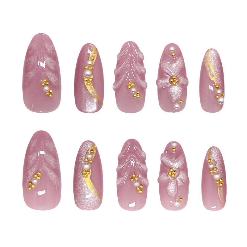 Chic Floral Elegance Medium Almond Pink Press On Nail Set with Dazzling Gold Accents