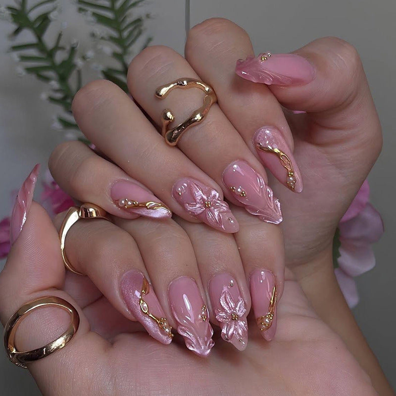 Blooming Elegance Long Almond Pink Floral Press-On Nail Set with Gold Accents