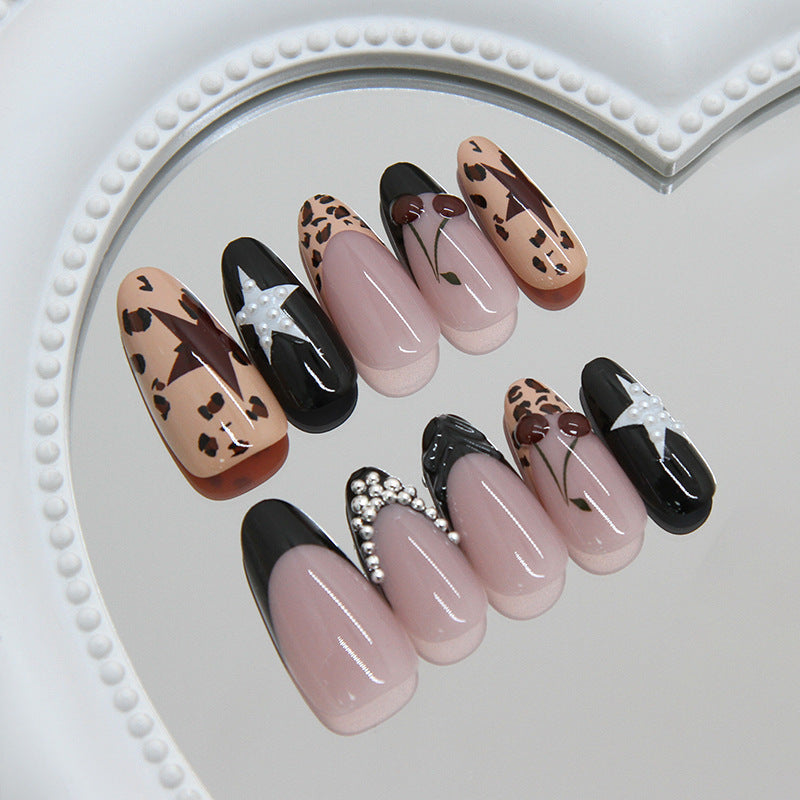 Bold Animal Print Long Almond Black and Beige Press On Nail Set with Unique Accents