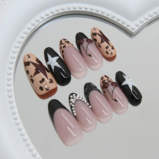 Bold Animal Print Long Almond Black and Beige Press On Nail Set with Unique Accents