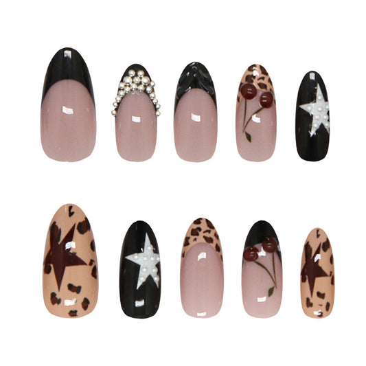 Chic Leopard Print Glamorous Long Almond Black and Beige with Pearl Embellishment Press On Nail Set