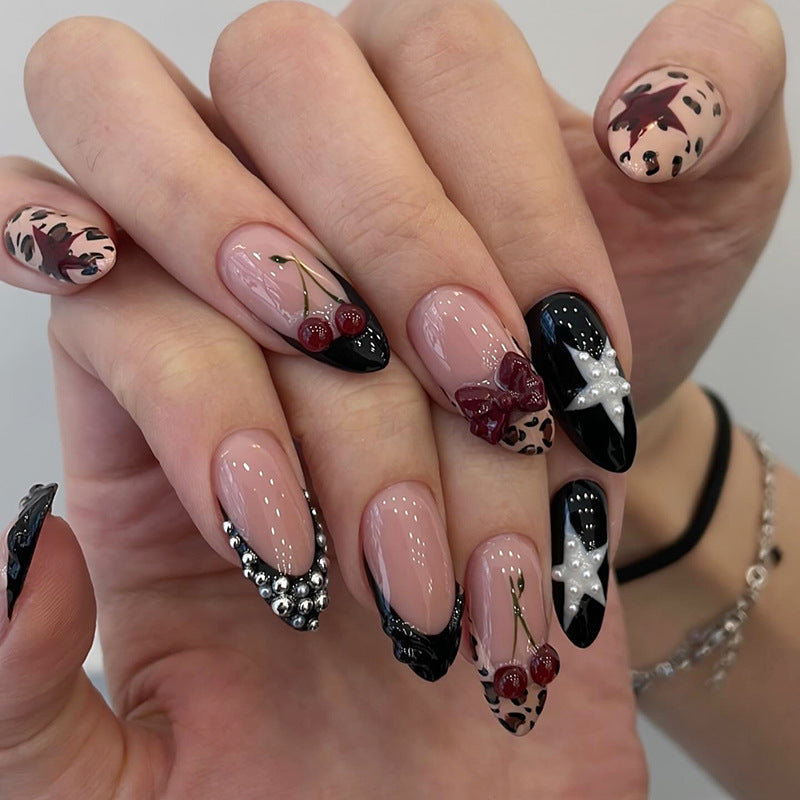 Chic Enchantment Long Almond Black and Burgundy Glam Nail Set