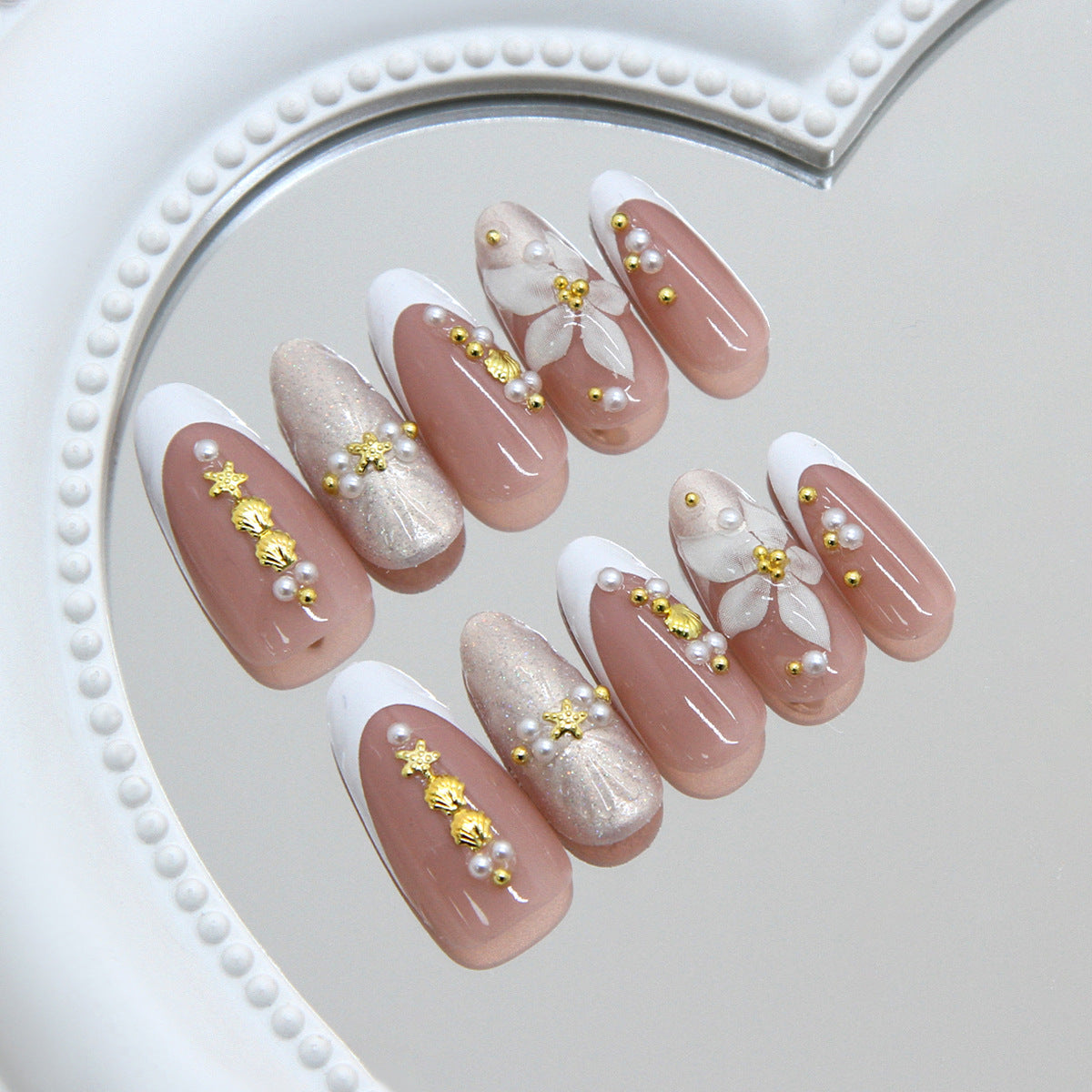 Elegant Blooming Dreams Medium Almond Beige with Gold Accent Pearls Nail Set