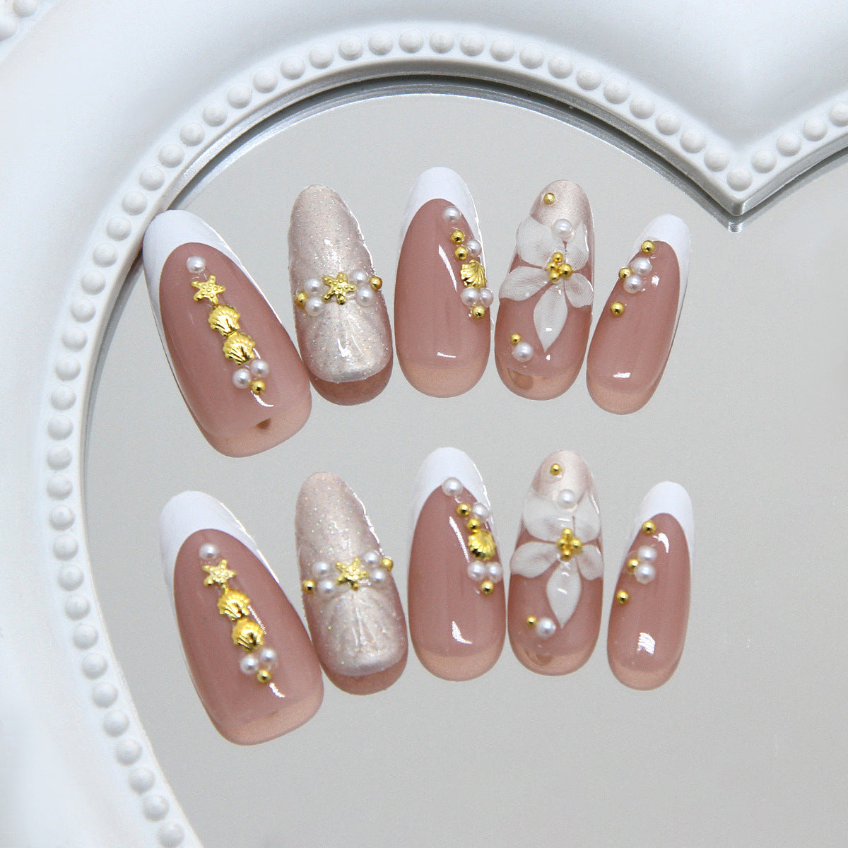 Elegant Floral Fantasy Long Almond Blush Pink with Glitter and Pearls Press On Nail Set