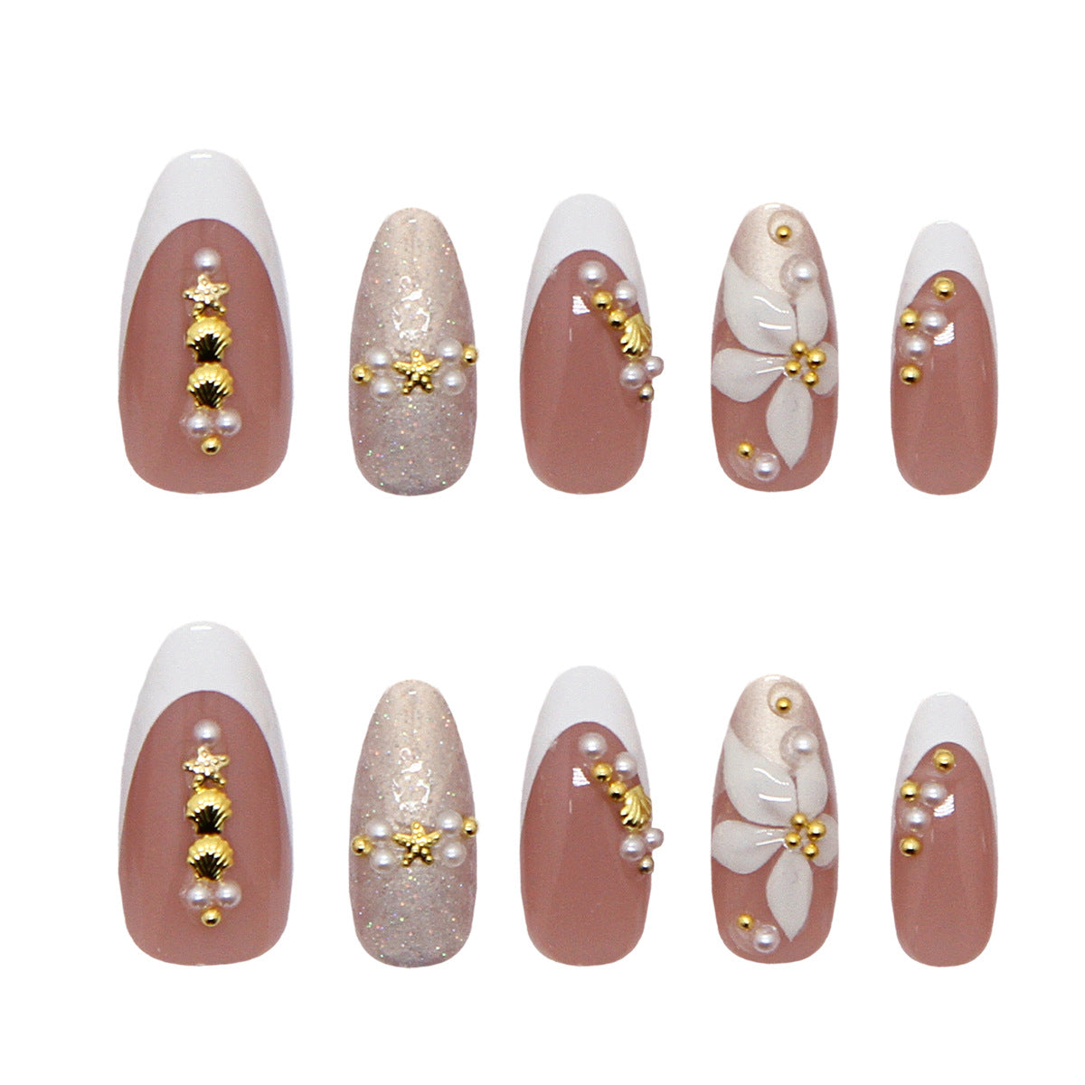 Elegant Blossom Medium Almond Beige with Glitter and Gold Accents Press on Nail Set