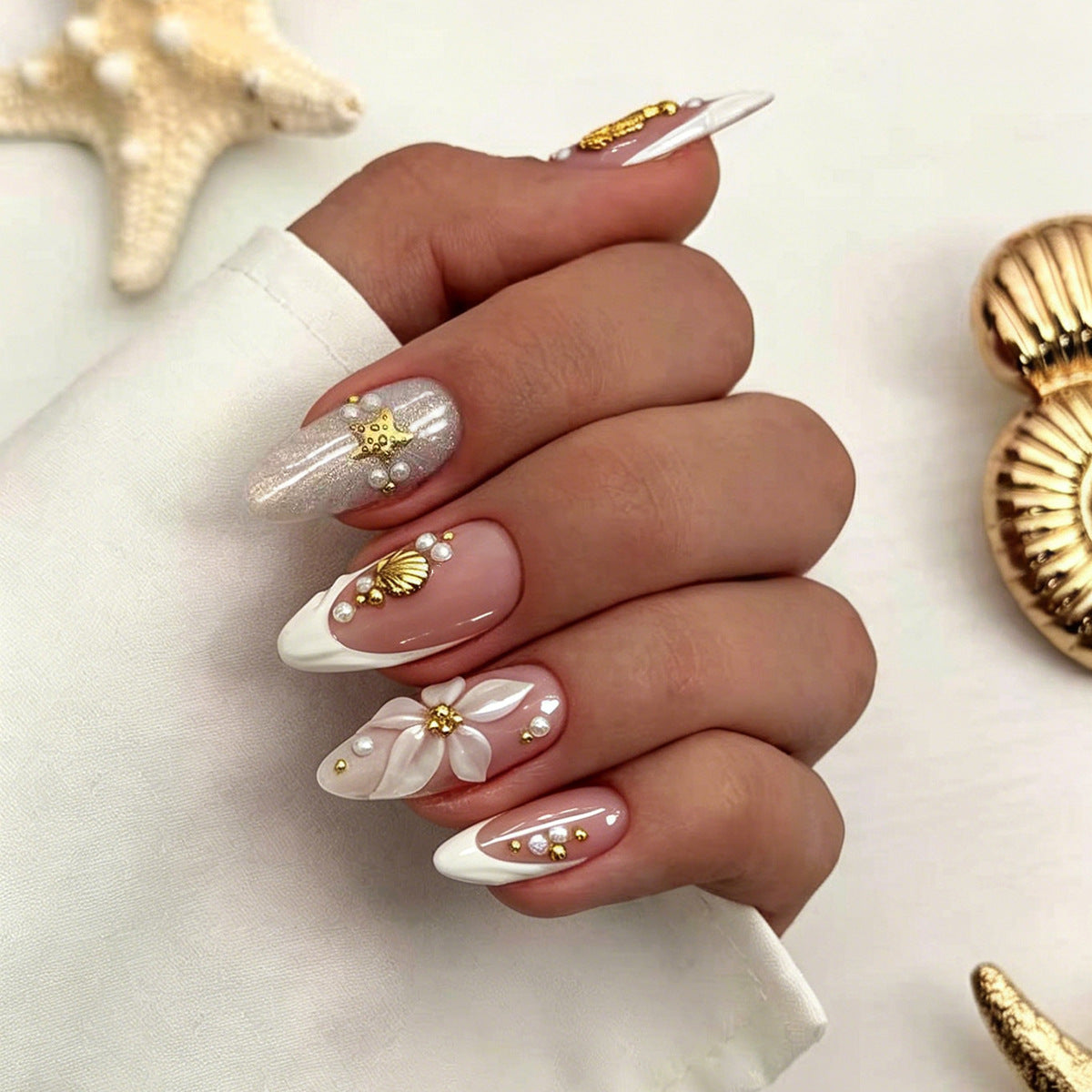 Ocean Breeze Medium Almond White Floral Press On Nail Set