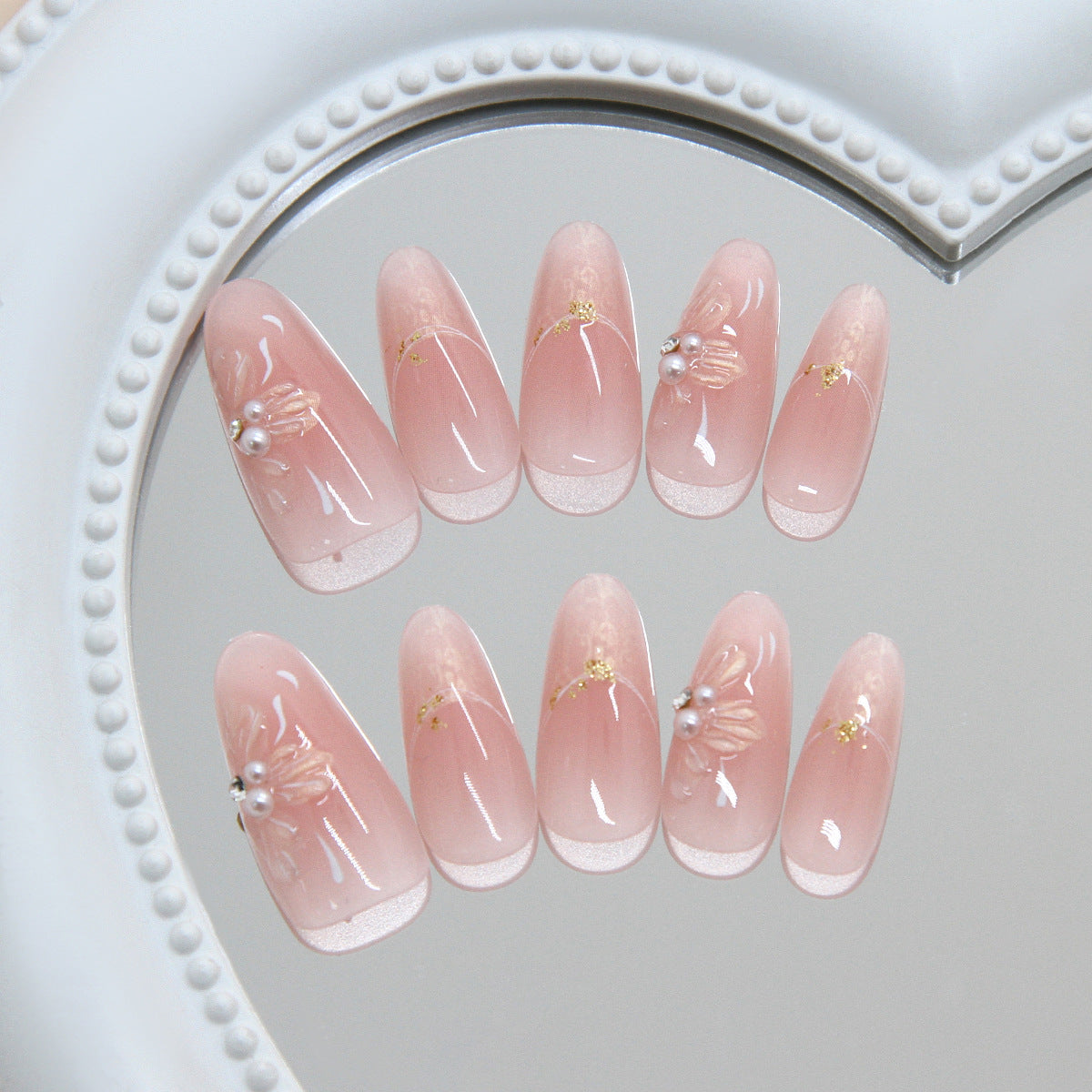 Delicate Blossom Long Oval Pink Nail Set with Elegant Floral Accents