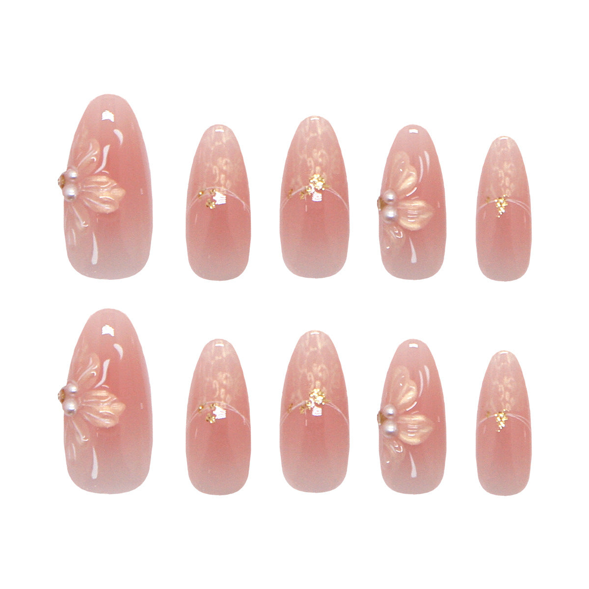 Blossom Dream Long Almond Pink Nails with Floral Design and Pearl Accents