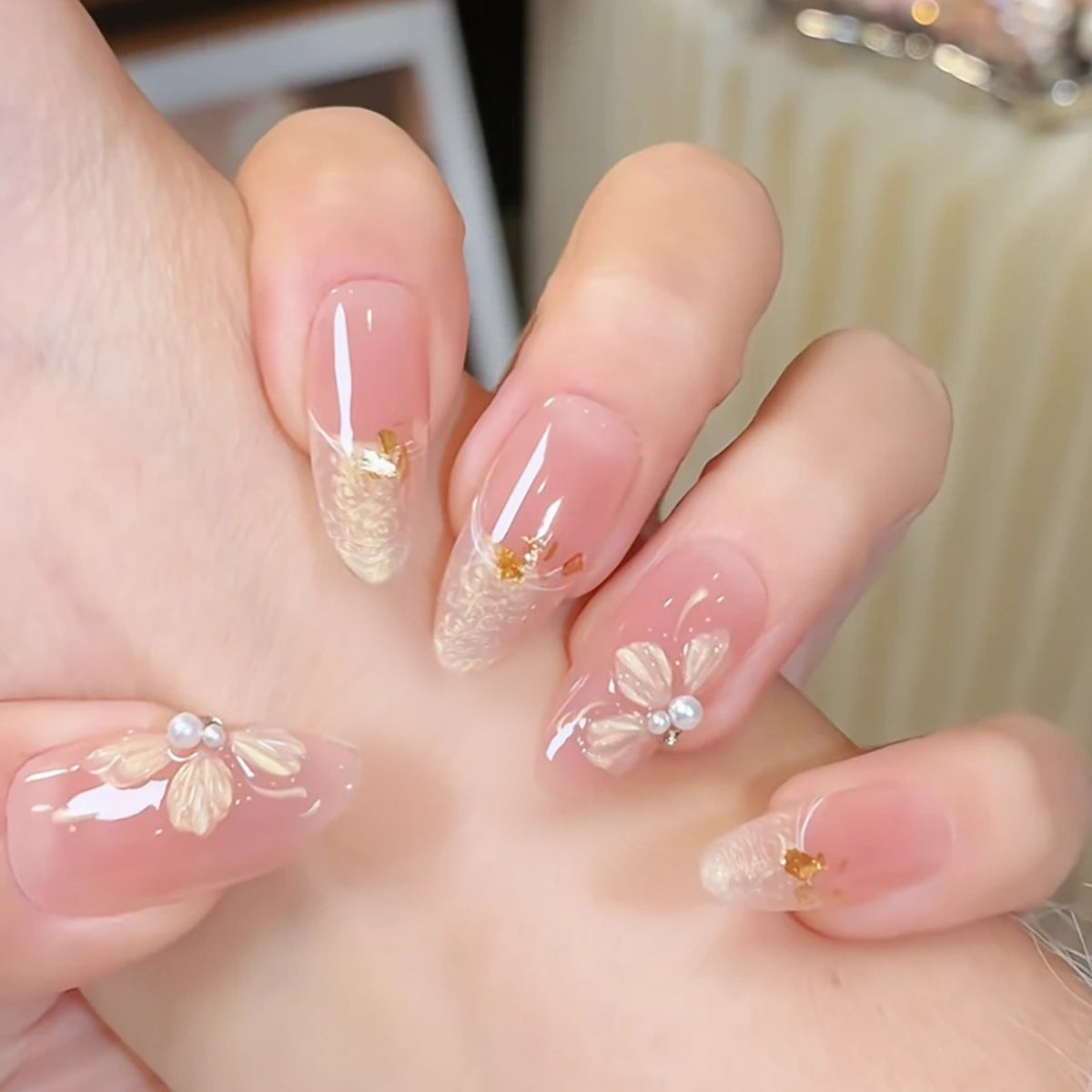 Enchanted Garden Medium Almond Pink Floral Press On Nail Set