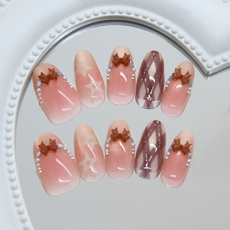 Celestial Dream Medium Almond Pink Ombre with Star Accents Press on Nail Set