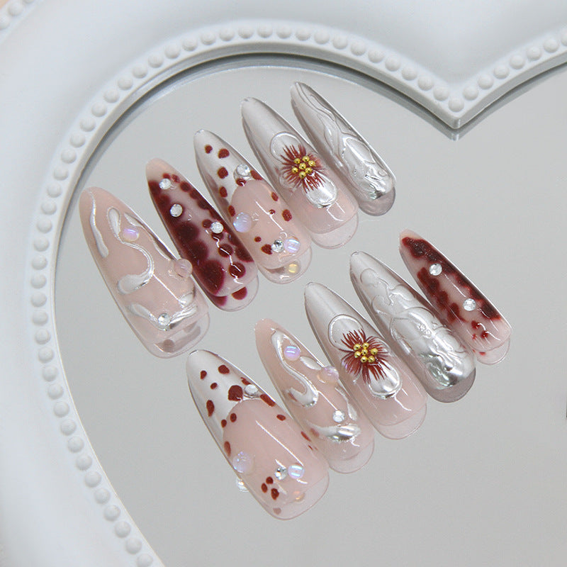 Elegant Floral Design Long Almond Pink and Silver Press On Nail Set with Unique Shimmering Accents