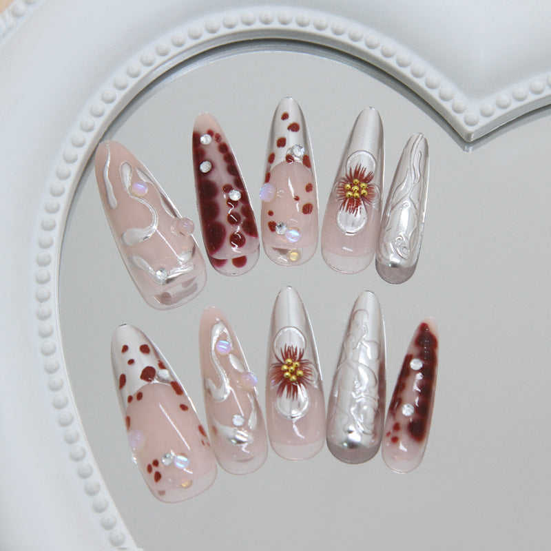 Enchanting Floral Long Almond Pink with Metallic Accents Press On Nail Set