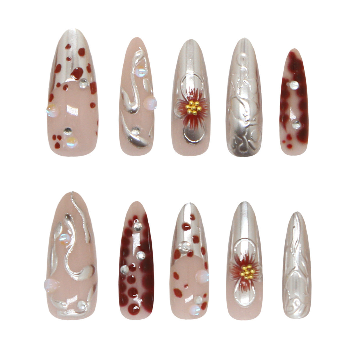 Bohemian Charm Long Almond Blush Pink Nail Set with Floral Accents