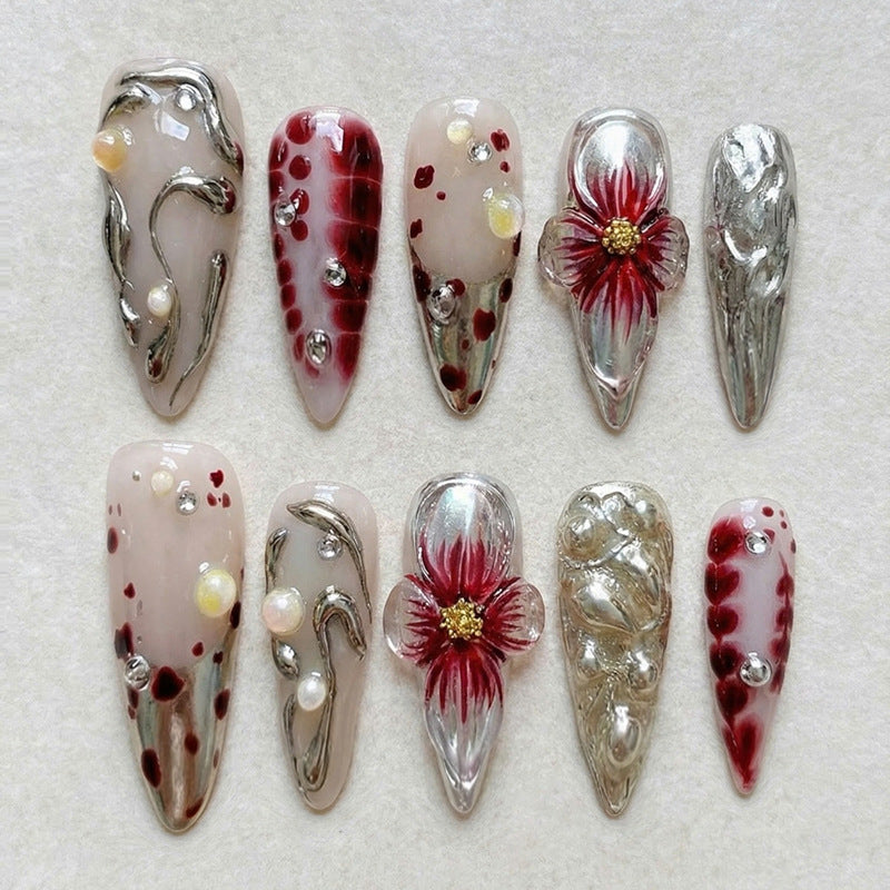 Elegant Floral Glamour Long Almond Red and Silver Press On Nail Set with Unique Blossom Design