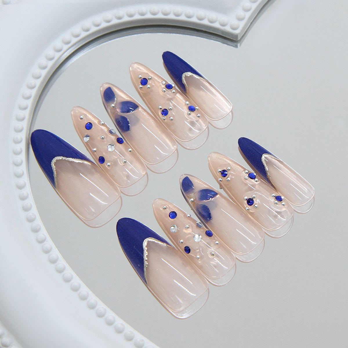 Elegant Evening Long Almond Blue and Clear Gemstone Accented Press On Nail Set
