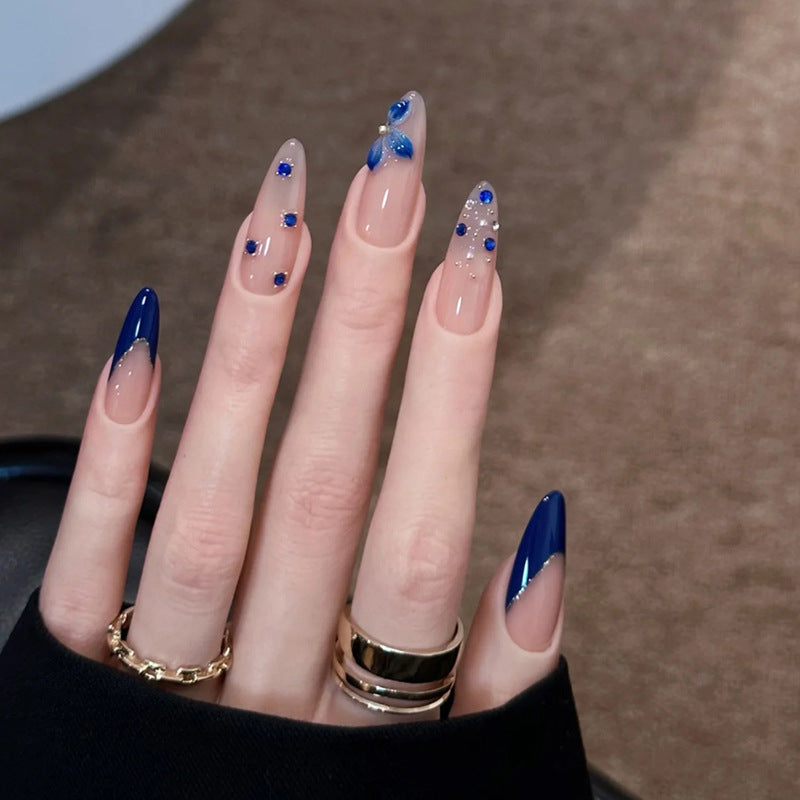 Elegant Ocean-Themed Long Almond Navy Blue Press On Nail Set with Floral Accents