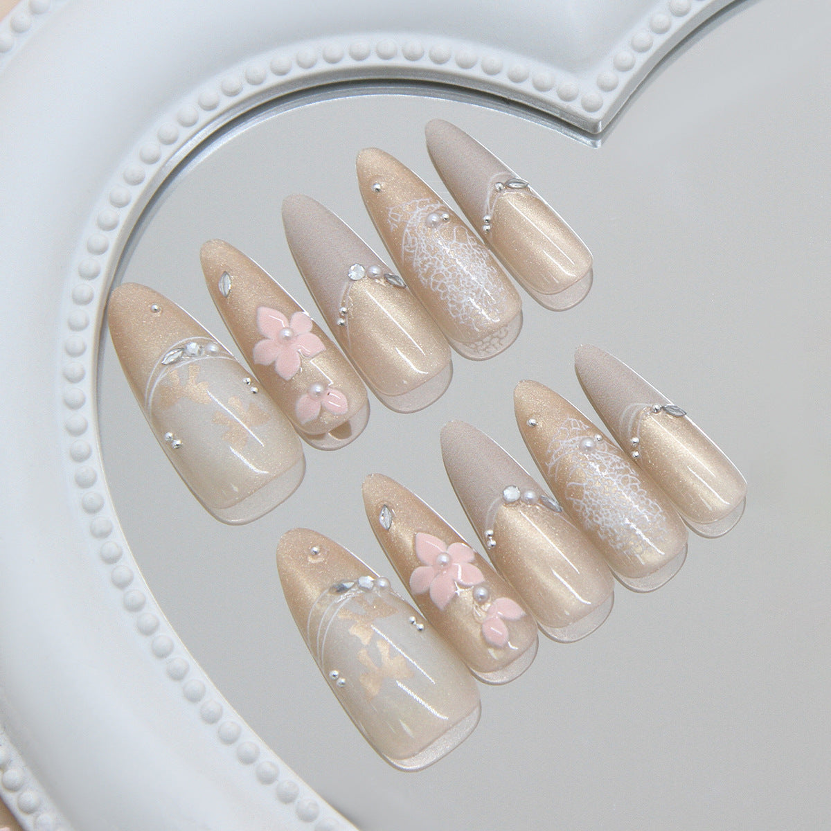 Blossom Elegance Long Almond Beige Press-On Nail Set with Floral Designs and Rhinestone Accents