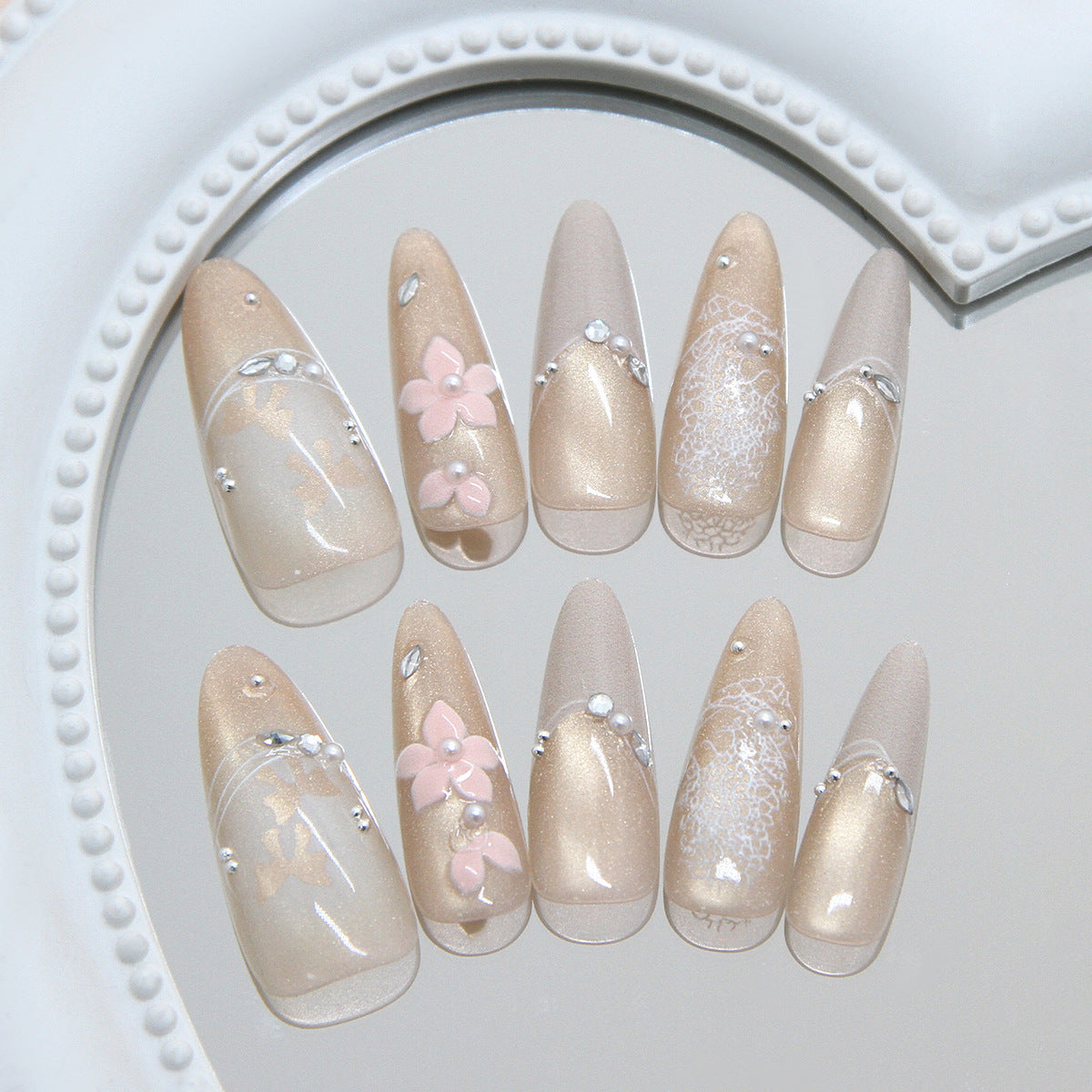 Elegant Floral Fantasy Long Almond Beige Nail Set with Delicate Embellishments