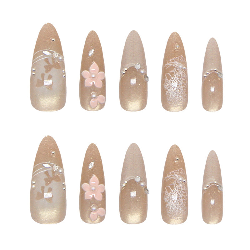 Whimsical Floral Long Almond Beige Press on Nail Set with Gemstone Accents