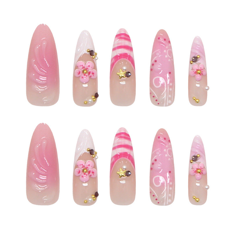 Blush Blossom Long Almond Press-On Nail Set with Floral Accents and Glossy Finish