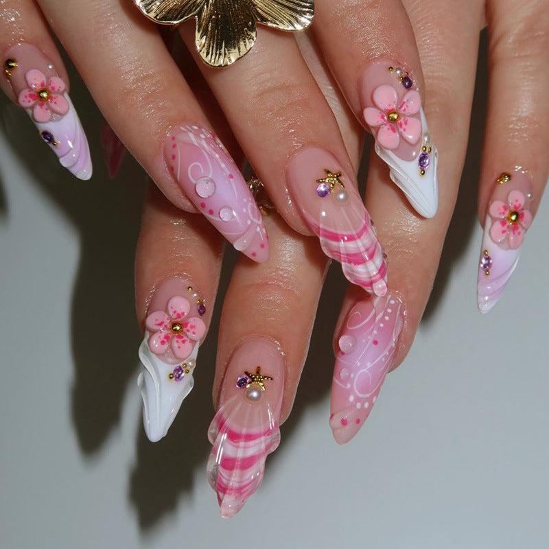 Floral Fantasy Long Almond Pink Press On Nail Set with Decorative Flowers and Gems