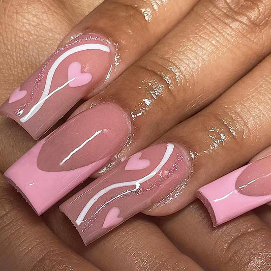 Enchanted Romance Long Square Blush Pink Press On Nail Set with Heart Accents and Glossy Finish