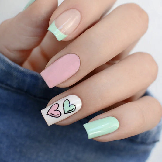 Romantic Pastel Love Long Square Press On Nail Set in Pink White and Mint Green with Adorable Heart Accents