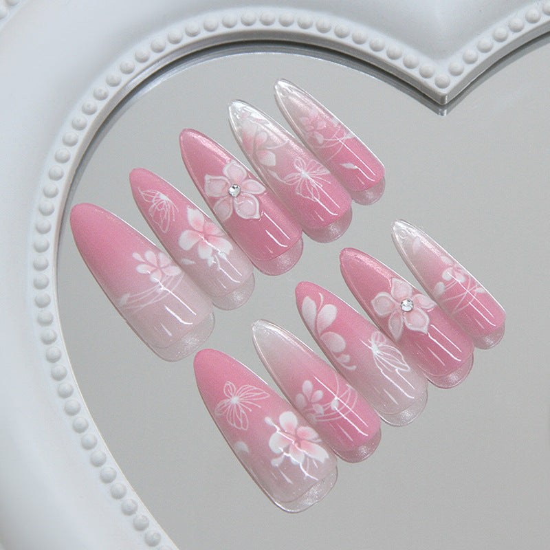 Blossoming Elegance Long Almond Pink Floral Nail Set with Dazzling Accents