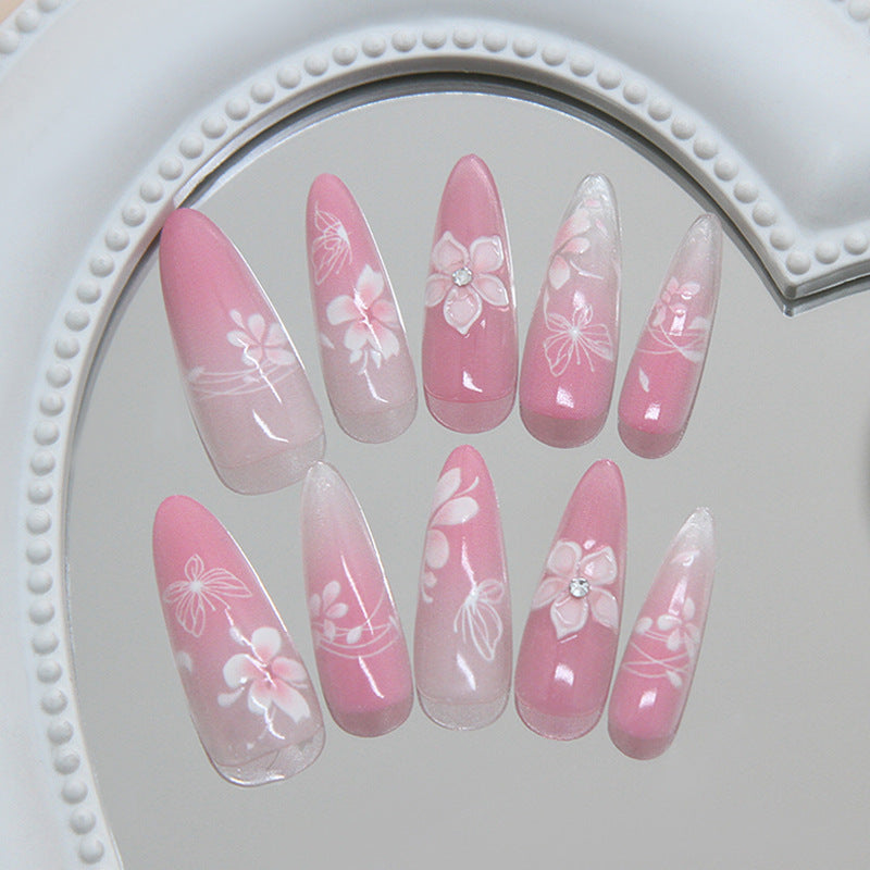 Blossom Elegance Long Almond Pink Floral Press On Nail Set