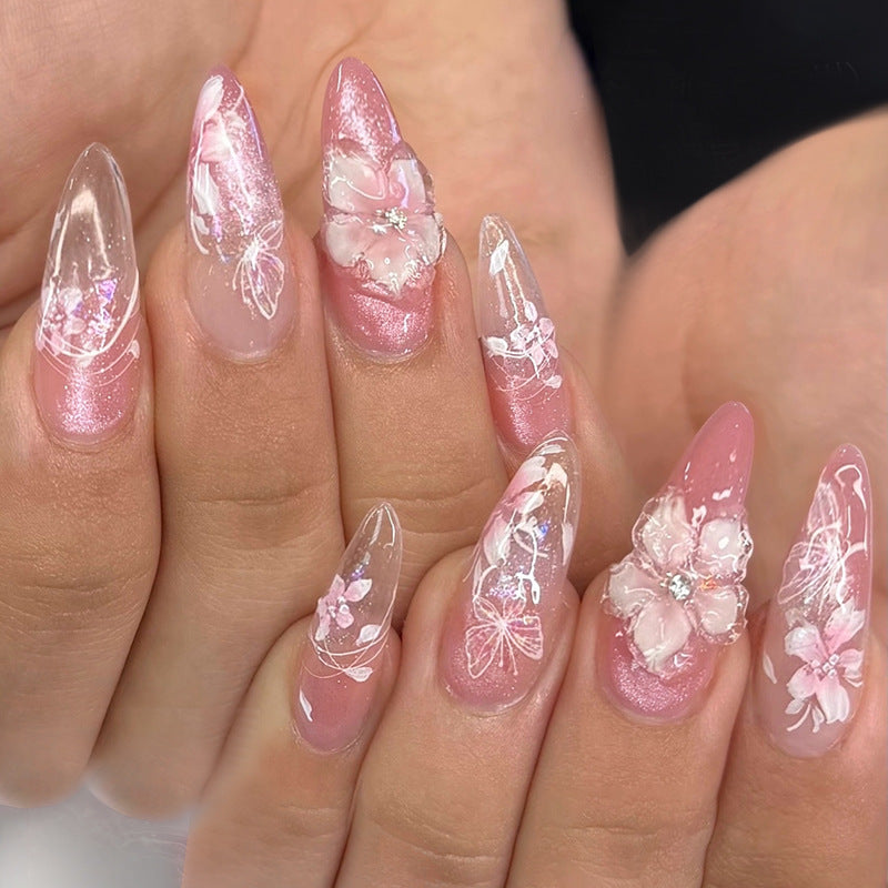 Enchanting Floral Press On Nails Long Almond Pink with Glittering Petal Accents