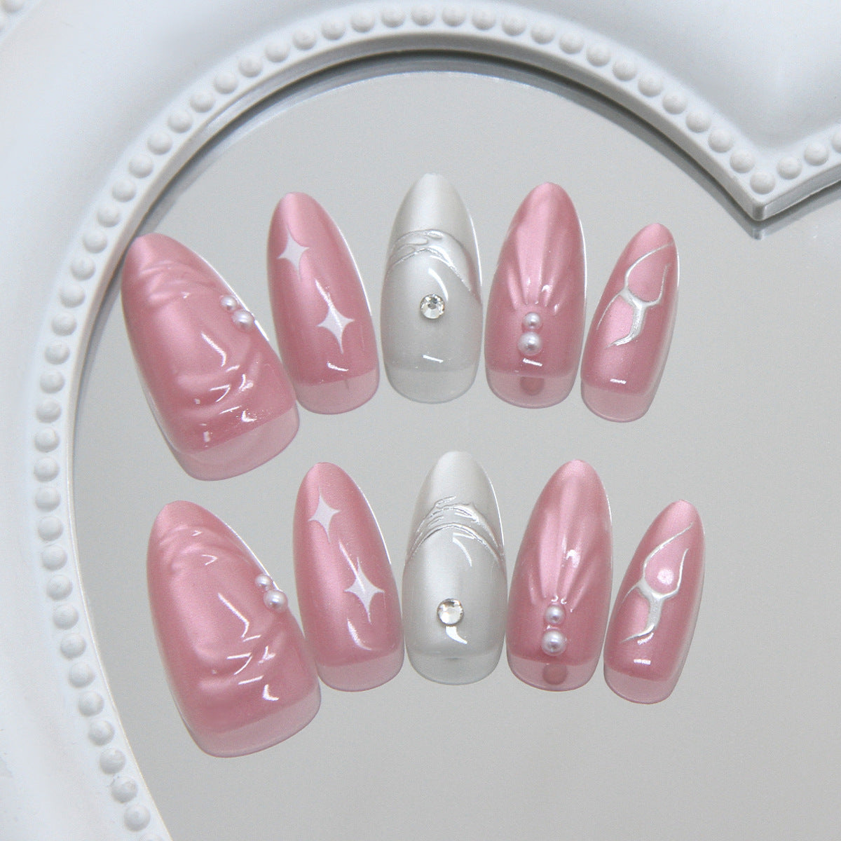 Glamorous Pastel Medium Almond Pink with Iridescent Accents Press On Nail Set