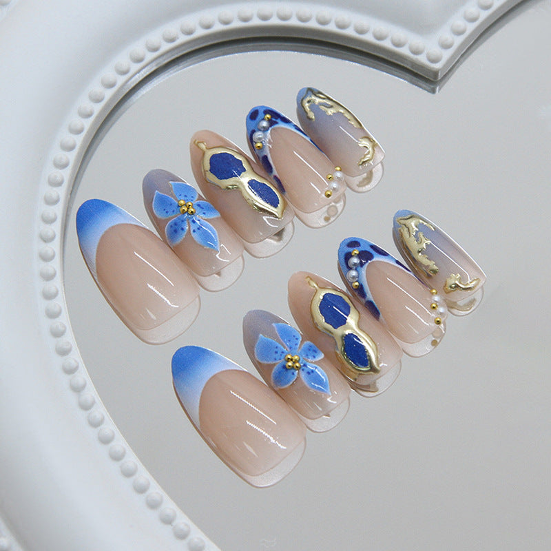 Enchanting Floral Medium Almond Blue Ombre with Elegant Gold Accents Press on Nail Set