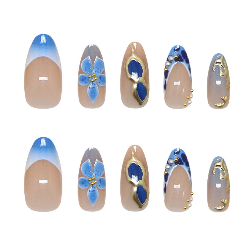 Floral Elegance Medium Almond Blue Ombre with Gold Accents Press on Nail Set