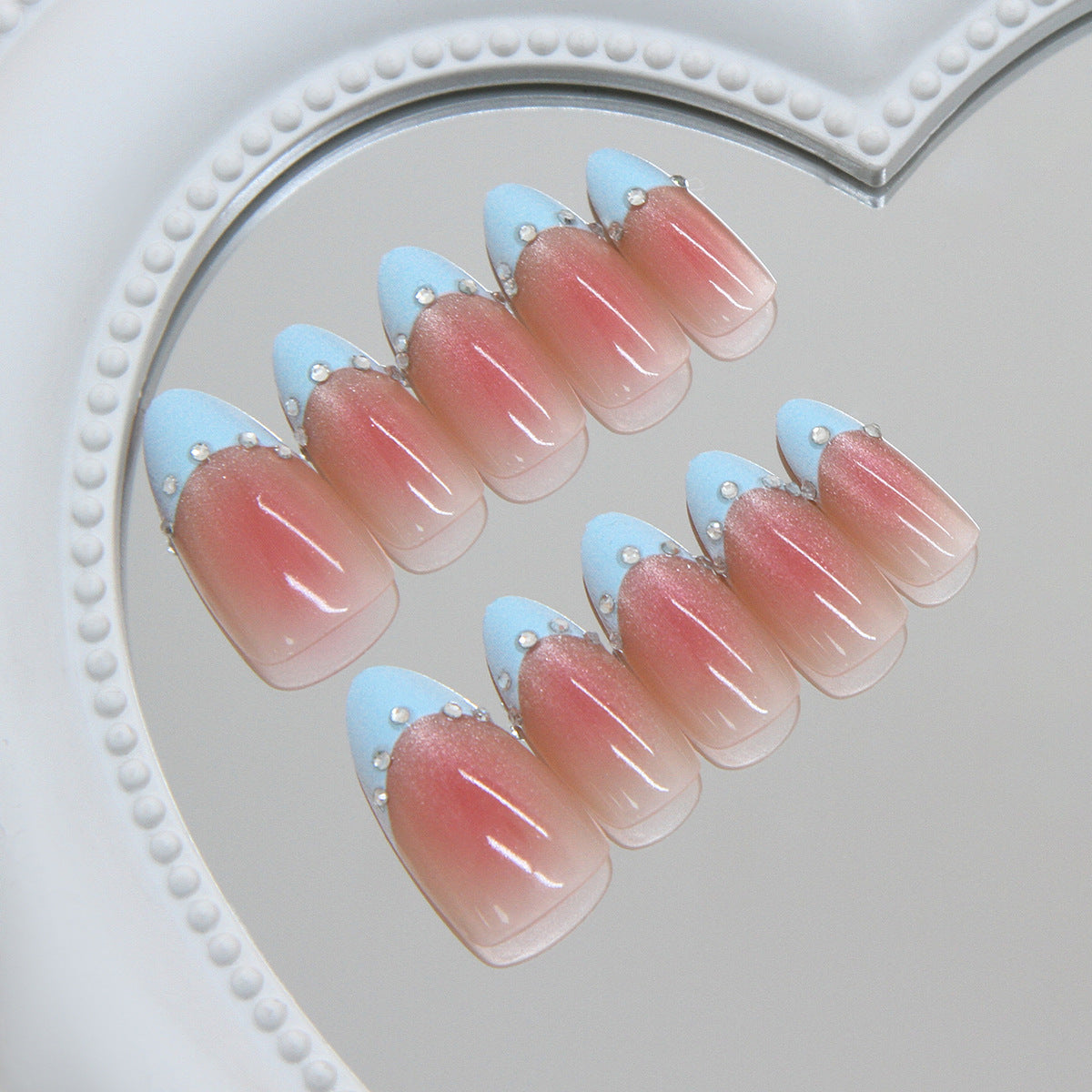 Dreamy Pastel Medium Almond Ombre Nails with Crystal Accents