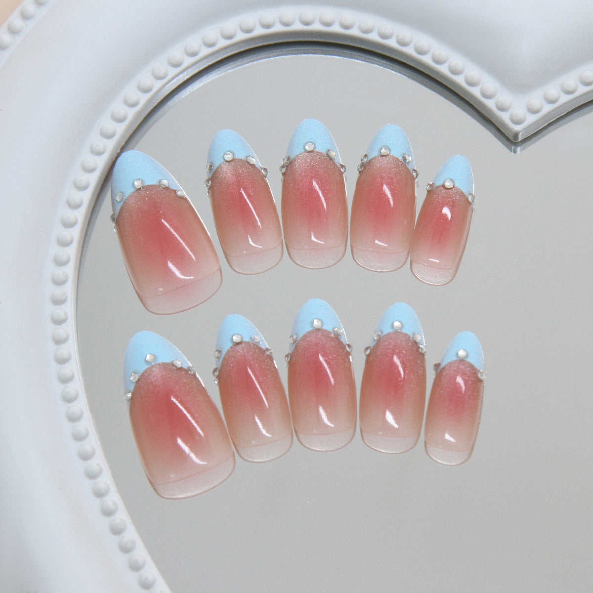 Charming Spring Blossom Medium Almond Pastel Blue Gradient with Elegant Rhinestones Press on Nail Set