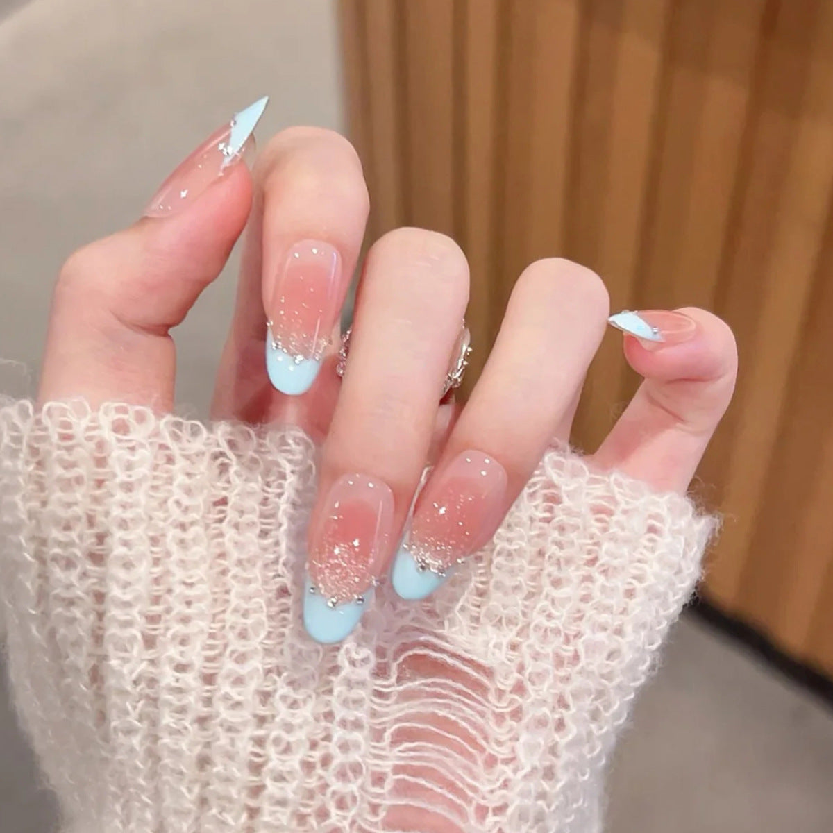 Dreamy Ocean Vibes Medium Almond Blue Tip Press On Nail Set with Glitter Elegance