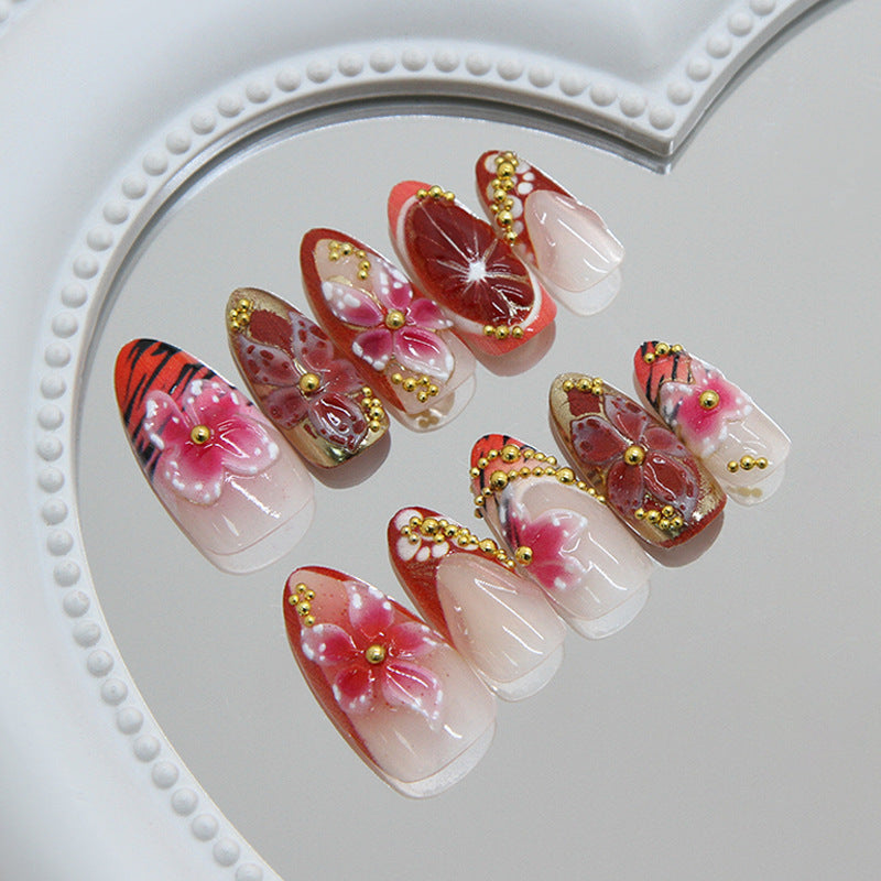 Blossoming Elegance Medium Oval Red Floral Nail Set with Golden Accents
