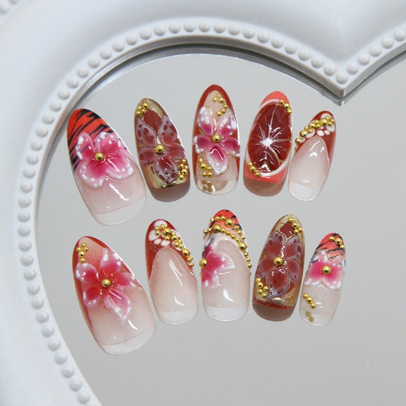 Floral Elegance Medium Almond Pink with Gold Accents Press on Nail Set
