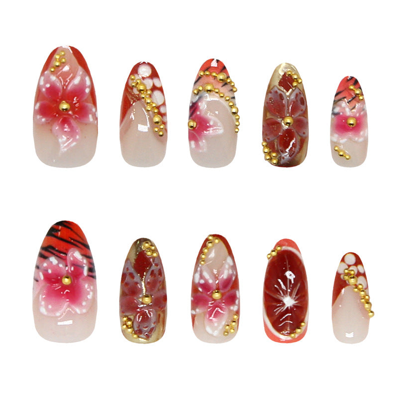 Floral Elegance Medium Almond Red with Gold Accents Press On Nail Set